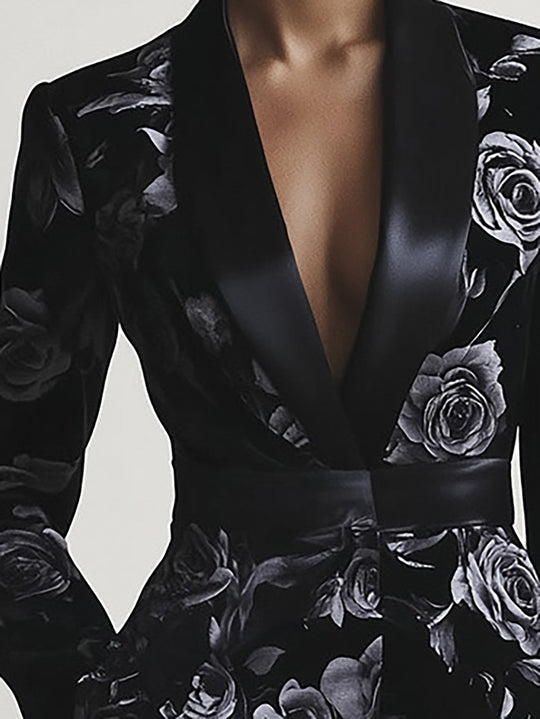 Chic Black Rose Print Suit - Blazer