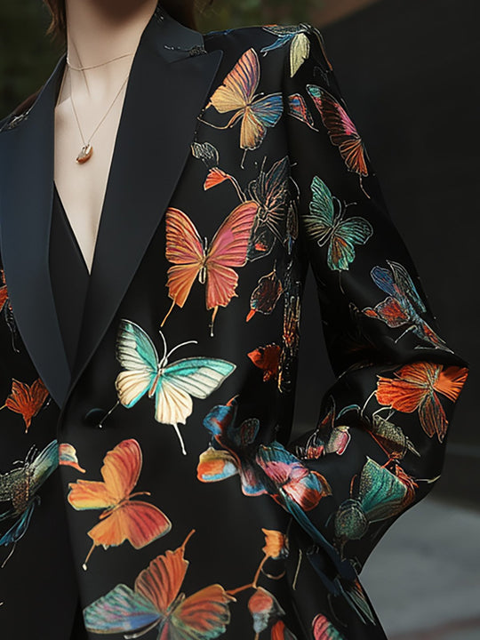 Fashion-Forward Butterfly Pattern Satin Jacquard Blazer