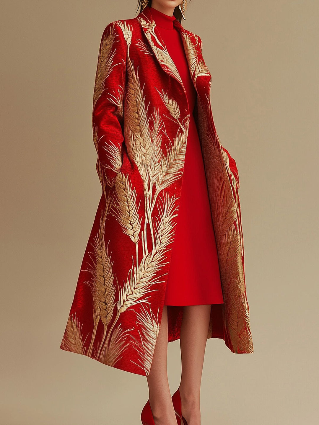 Elegant Red and Gold Wheat Print Coat