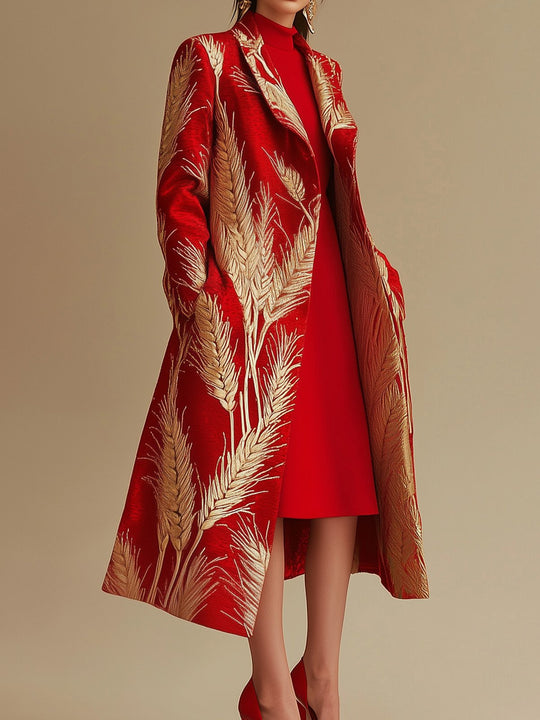 Elegant Red and Gold Wheat Print Coat