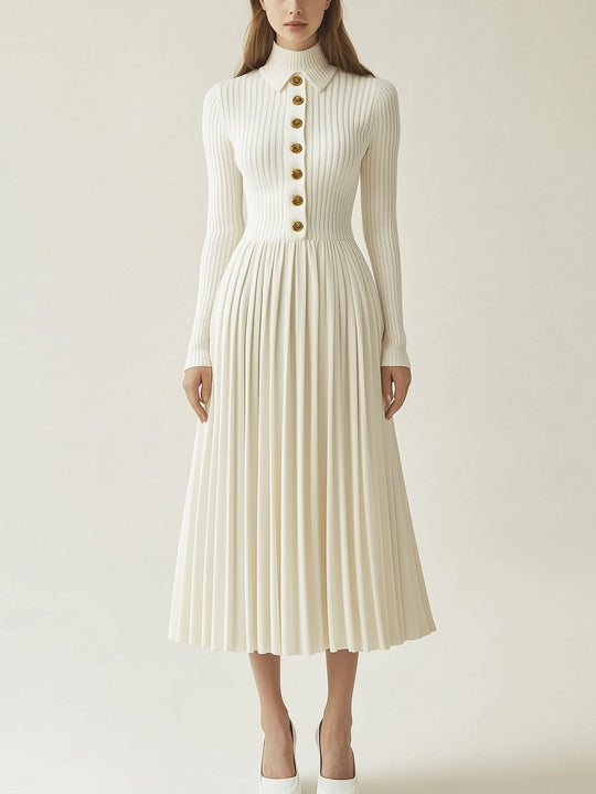 Elegant Cream Knit Dress with Gold Buttons