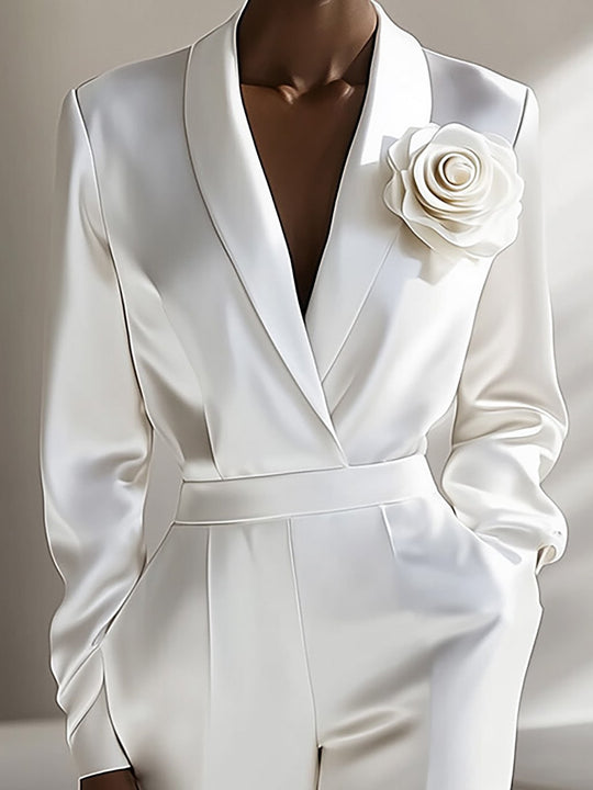 Elegance in White Satin with 3D Rose Accent - Shirt