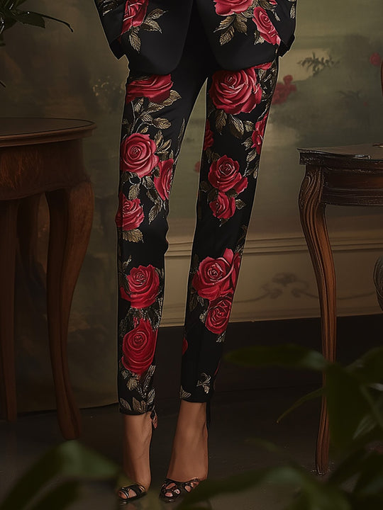 Sophisticated Rose Print Blazer Set - Pants