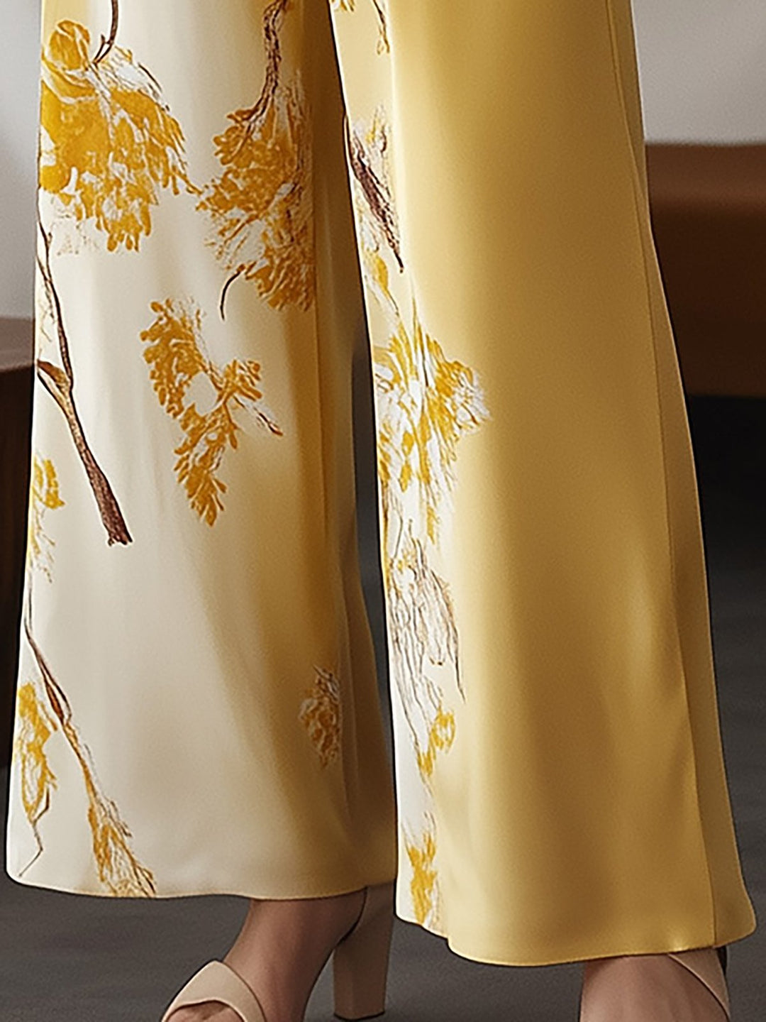 Elegant Yellow Floral Silk Shirt and Wide Leg Pants Set - Pants