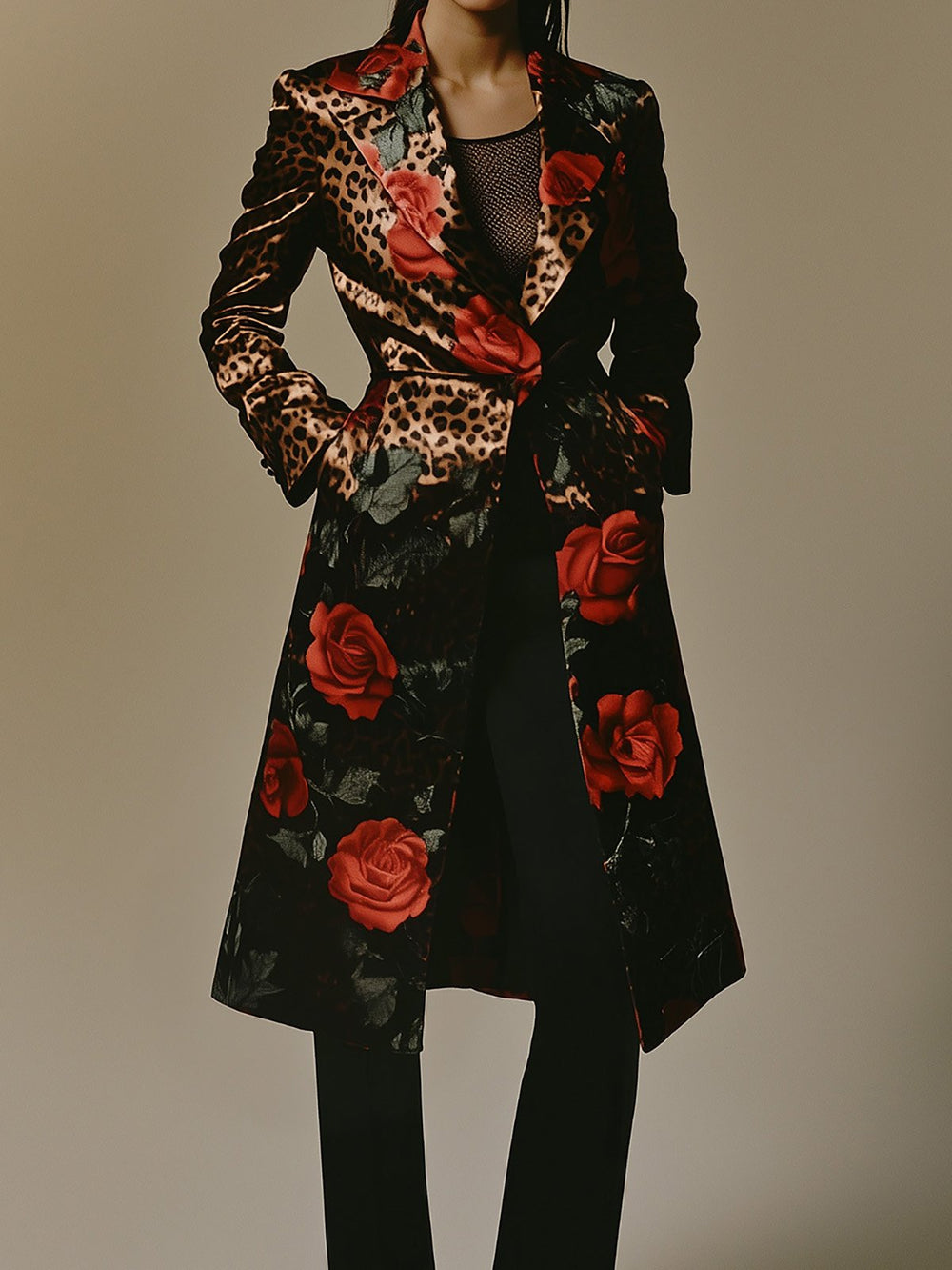 Crimson Rose and Leopard Print Satin Coat