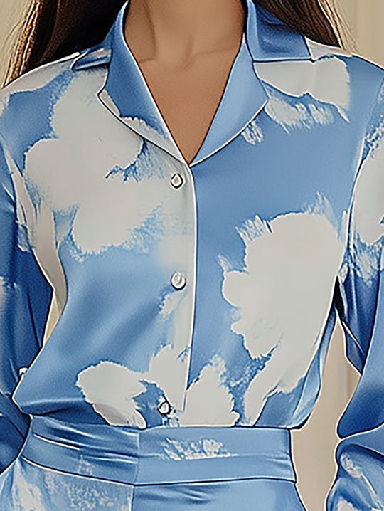 Elegant Sky Blue Satin Print Ensemble - Shirt