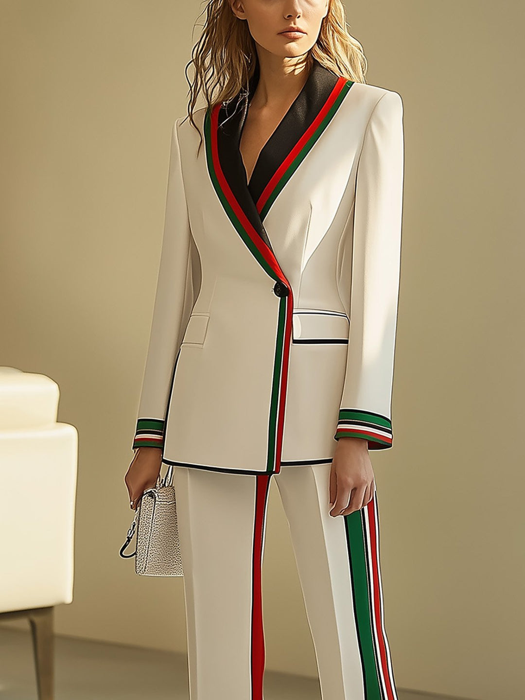 Stylish White Suit with Bold Stripes