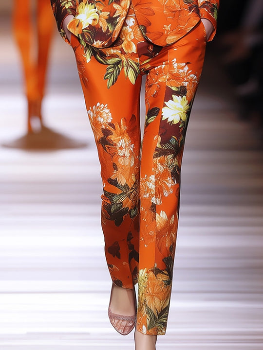 Chic Floral Power Suit in Bright Orange