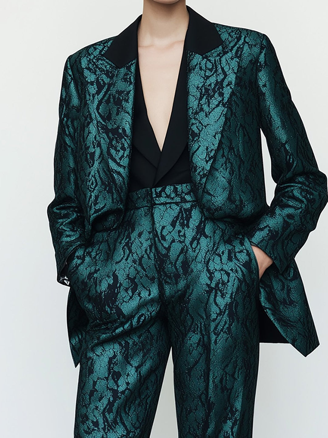 Modern Metallic Green Lace Suit - Blazer