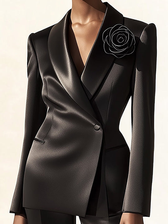 Modern Black Suit with 3D Rose Decoration - Blazer