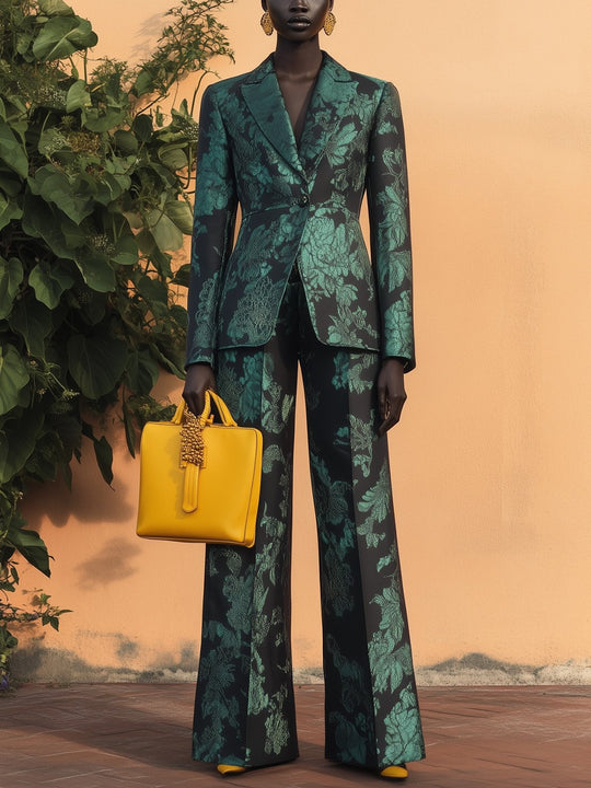 Elegant Green Floral Satin Suit