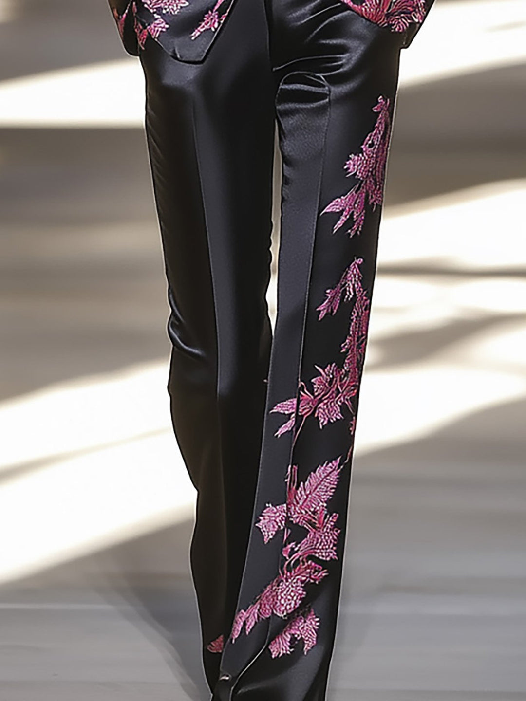 Black Satin Suit with Pink Floral Accents - Pants