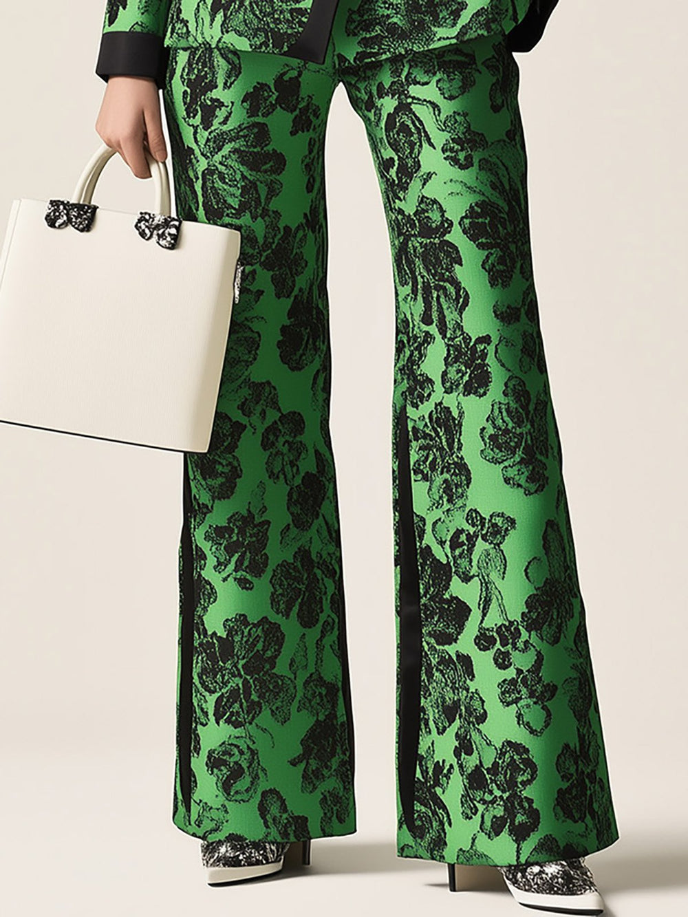 Garden of Glamour Green Floral Print Suit with Black Lapel - Pants