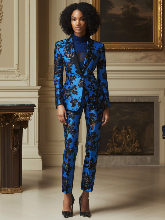 Midnight Garden Luxurious Blue and Black Floral Blazer Set