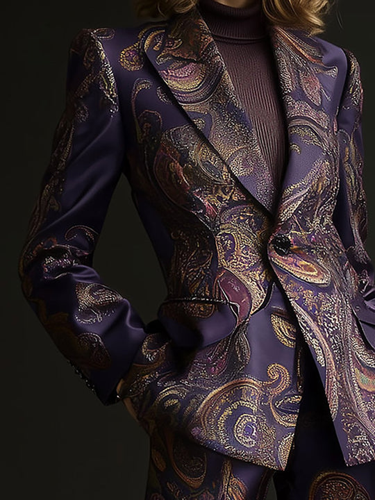 Regal Elegance Dark Paisley Satin Blazer Suit - Blazer