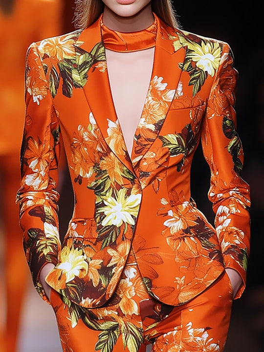 Chic Floral Power Suit in Bright Orange - Blazer