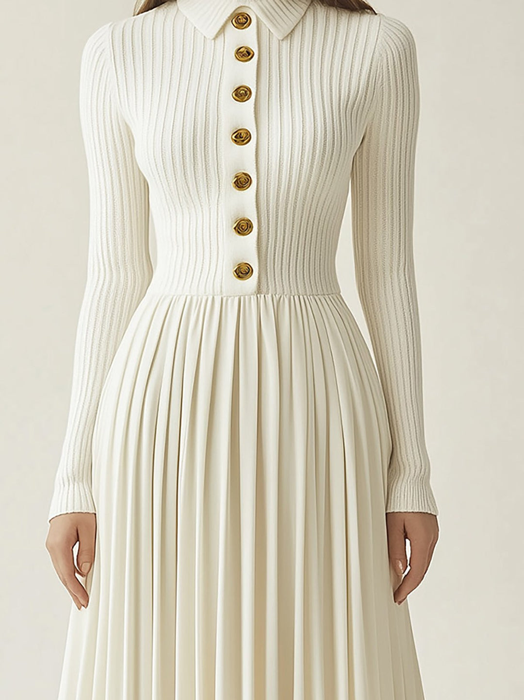 Elegant Cream Knit Dress with Gold Buttons