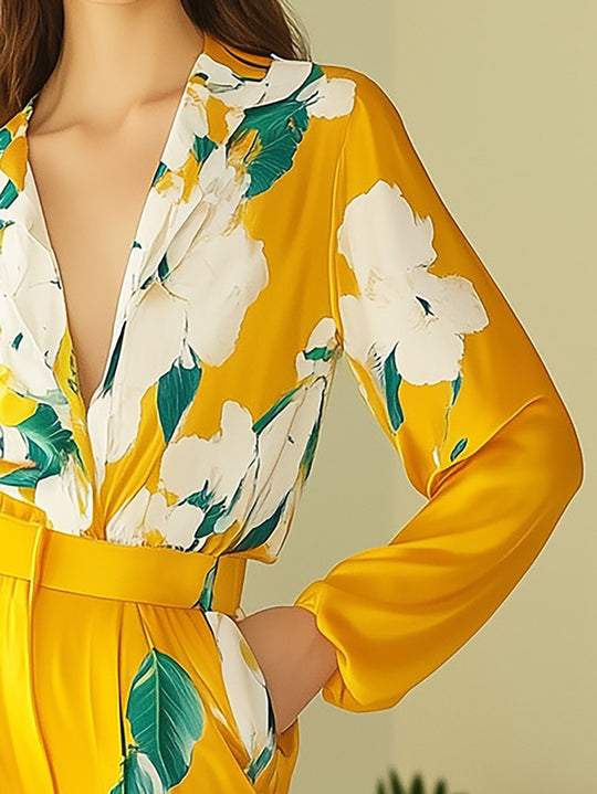 Stylish Yellow Floral Satin Shirt and Pants Set - Shirt