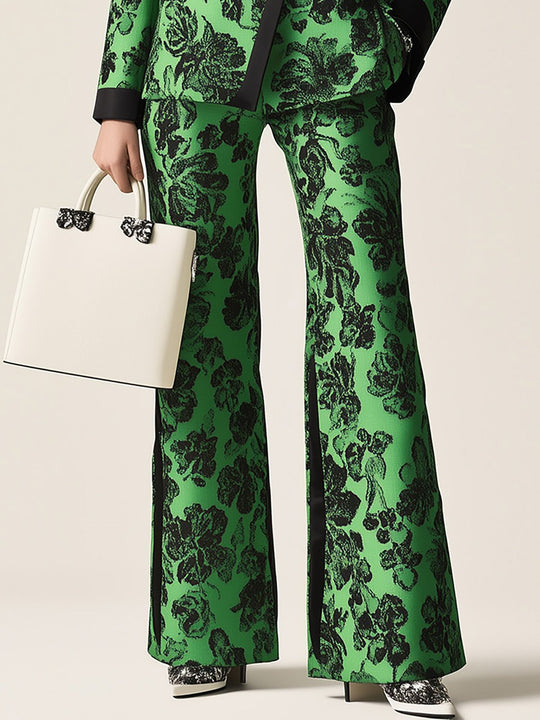 Garden of Glamour Green Floral Print Suit with Black Lapel - Pants