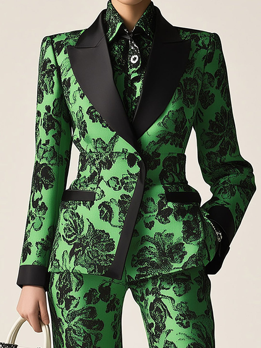 Garden of Glamour Green Floral Print Suit with Black Lapel - Blazer