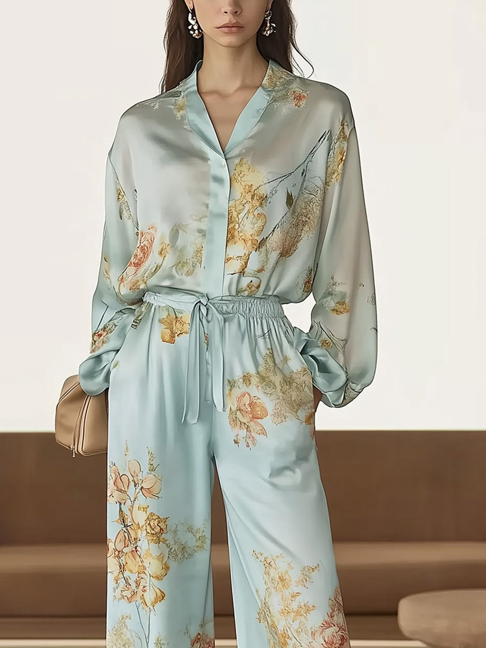 Sky Blue Satin Floral Relaxed Set