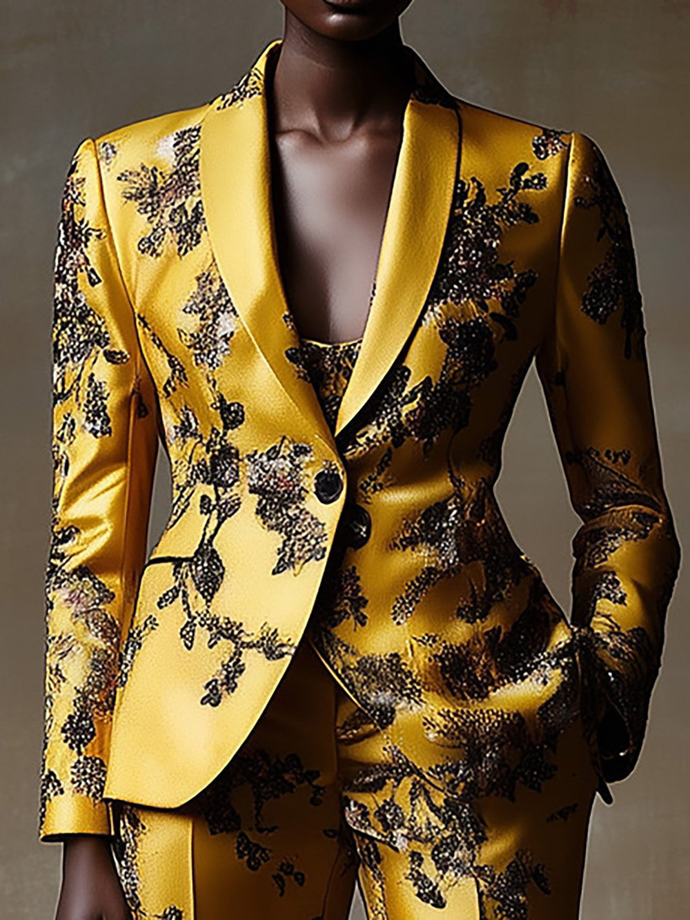 Tropical Glamour Satin Floral Suit with a Luxe Finish - Blazer