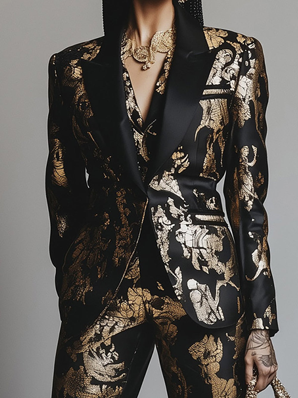 Baroque Glam Black and Gold Embellished Satin Suit - Blazer