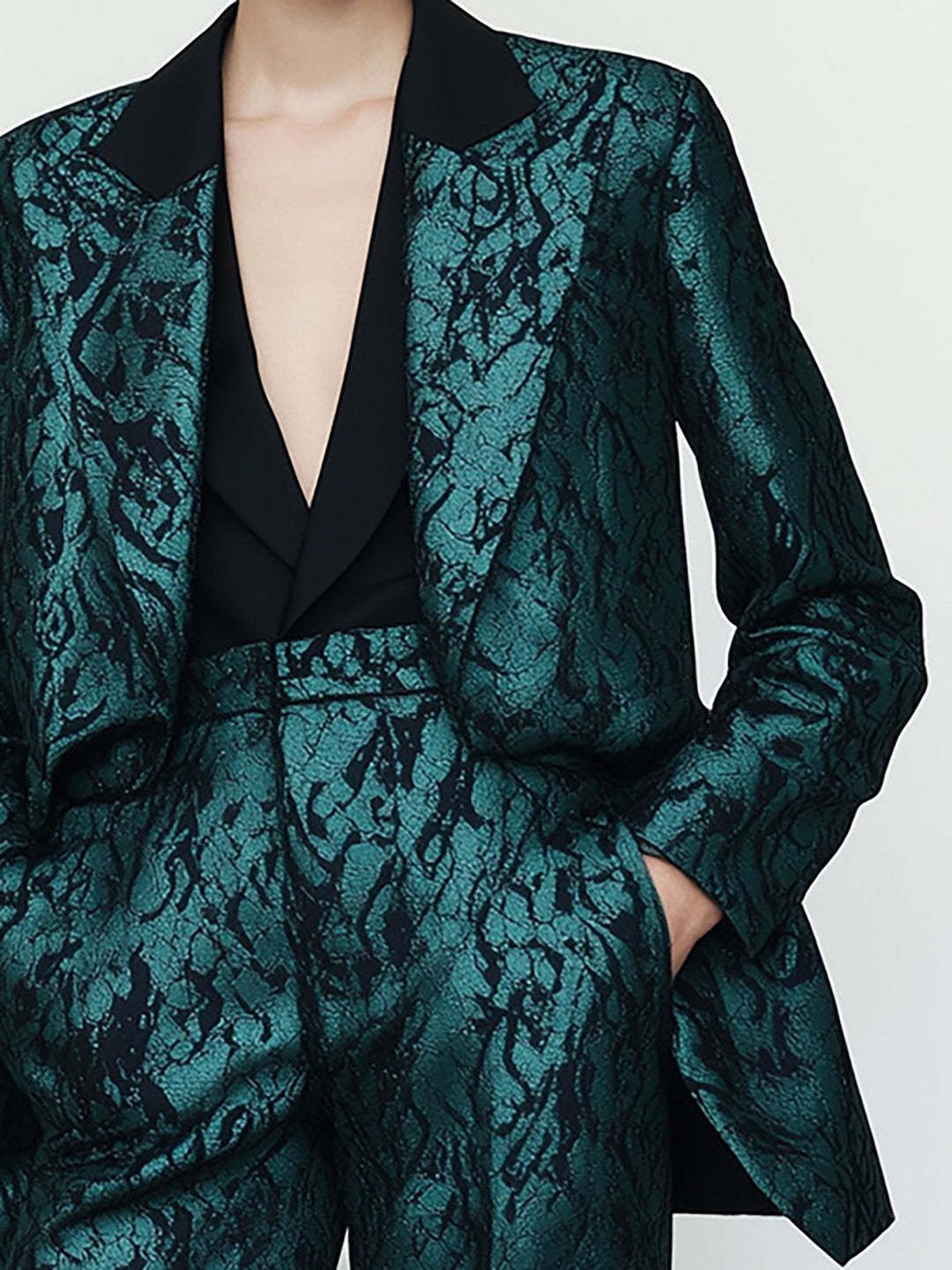 Modern Metallic Green Lace Suit - Blazer