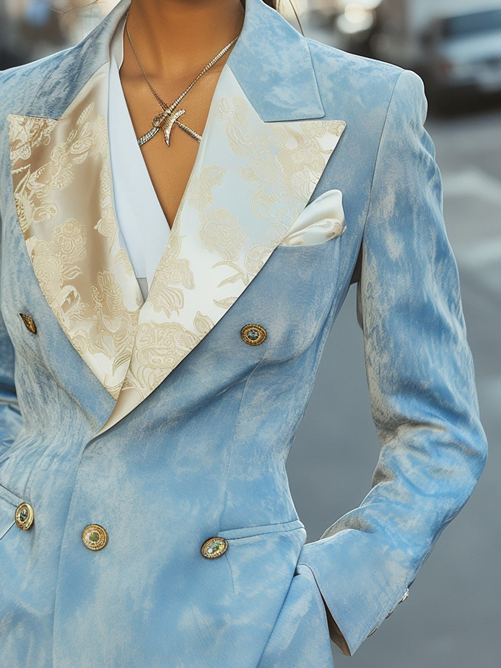 Blue Satin Jacquard Blazer