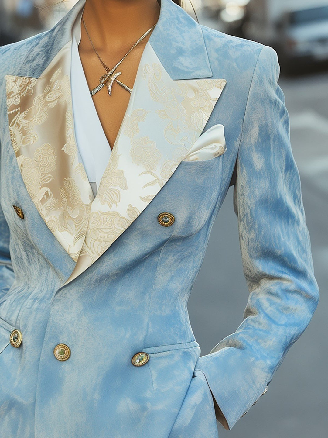 Blue Satin Jacquard Blazer