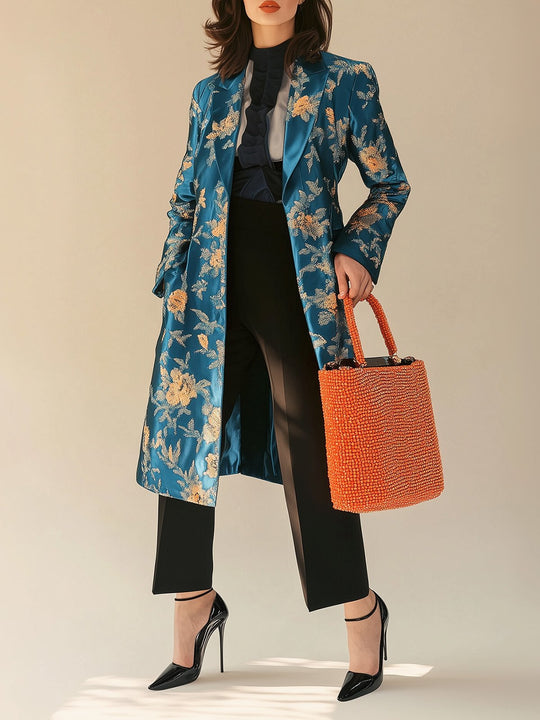 Botanical Luxe Elegant Blue Satin Overcoat with Gold Motifs