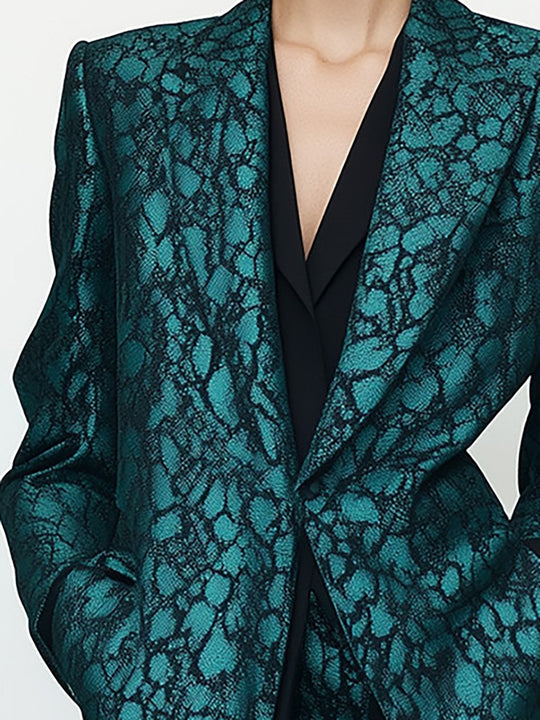 Chic Teal Patterned Suit Ensemble - Blazer