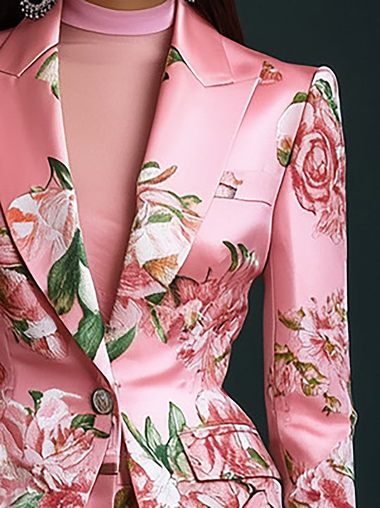 Chic Pink Floral Print Satin Blazer Ensemble - Blazer