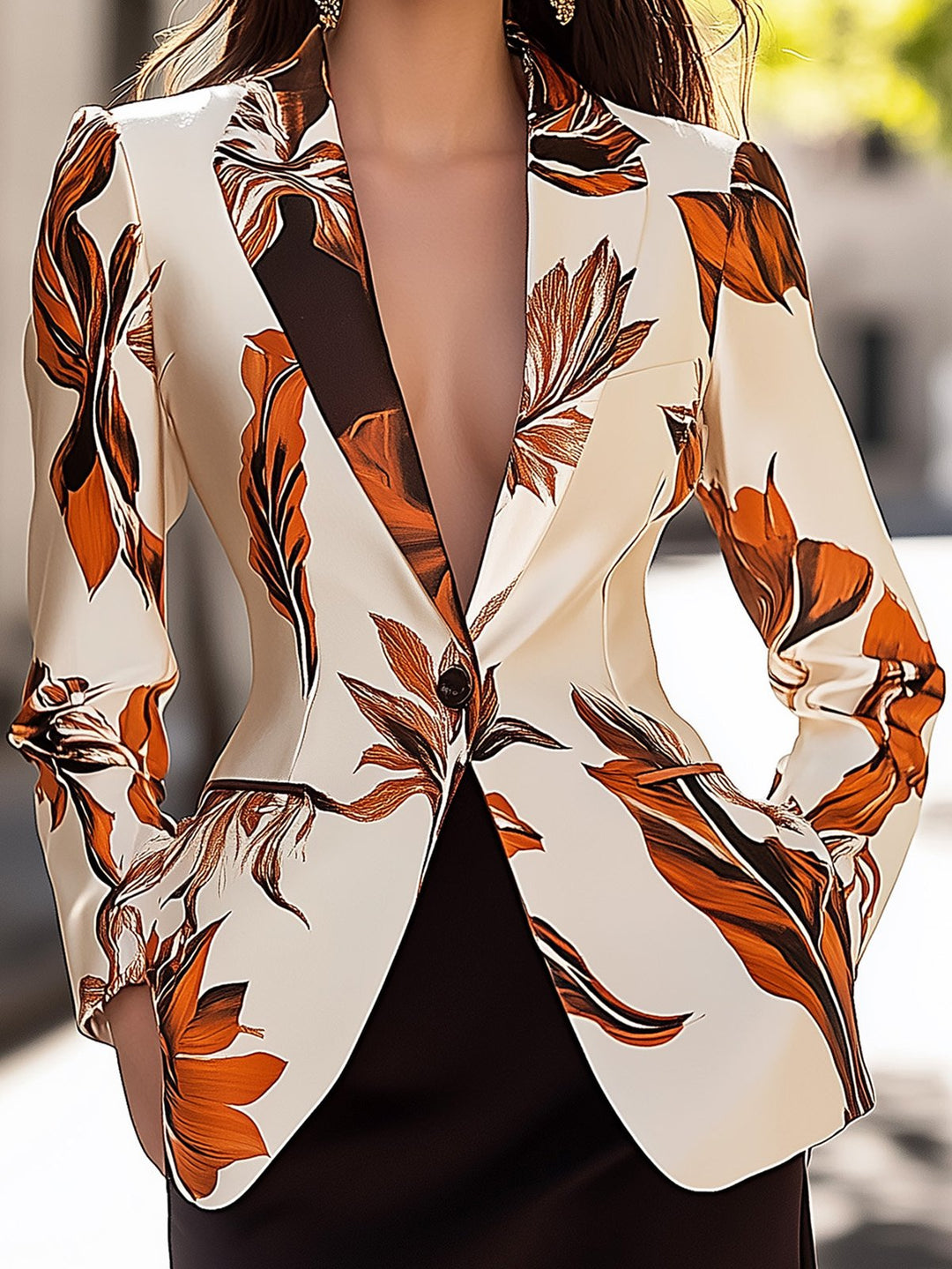 Fashion-Forward Autumn Leaf Satin Print Blazer