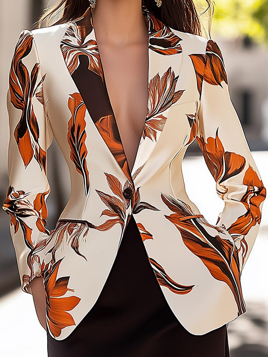 Fashion-Forward Autumn Leaf Satin Print Blazer