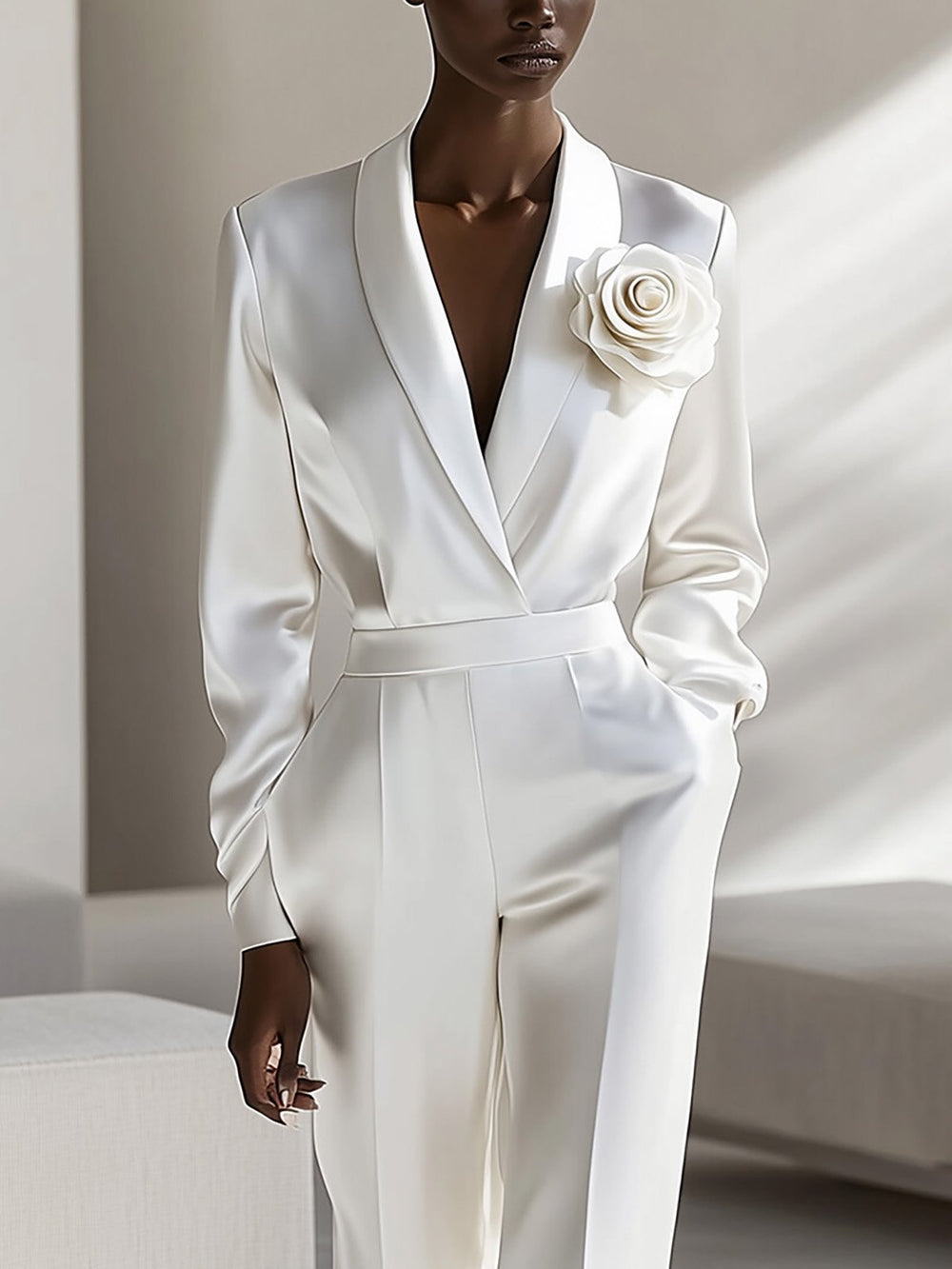 Elegance in White Satin with 3D Rose Accent