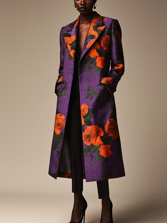 Vibrant Floral Satin Overcoat in Purple and Orange