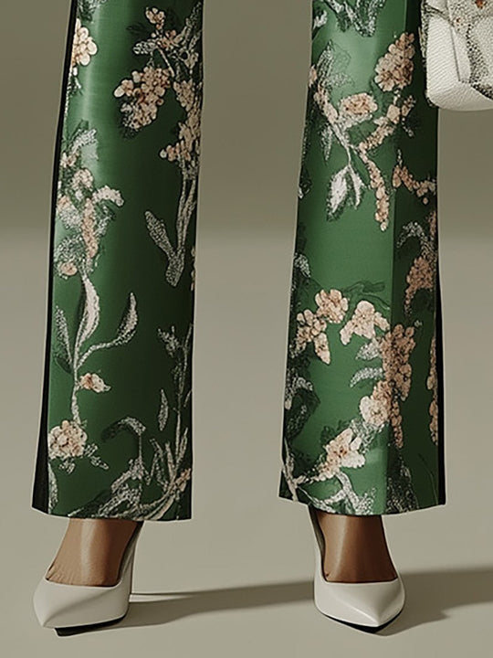 Botanical Luxe Emerald Green Satin Floral Blazer Suit - Pants