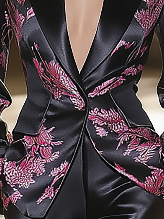 Black Satin Suit with Pink Floral Accents - Blazer