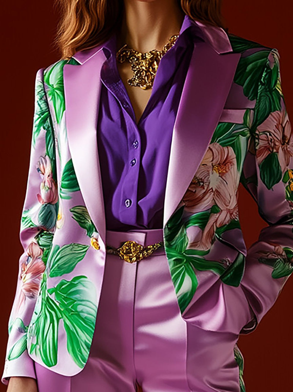 Bold Blossoms Lilac Floral Satin Blazer with Green Accents - Blazer