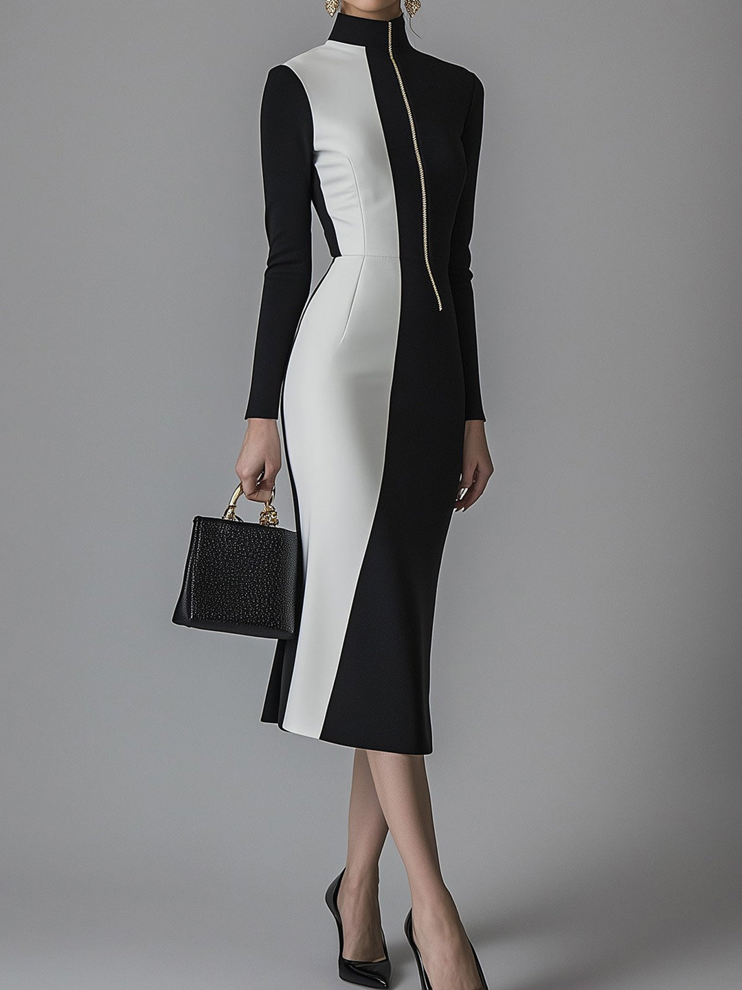 Elegant Black and White Color Block Zipper Dress