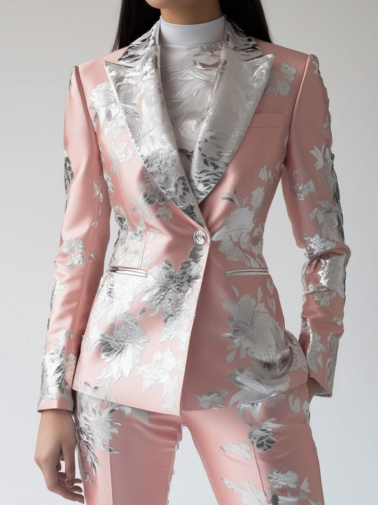 Silky Pink-Silver Satin Jacquard Blazer