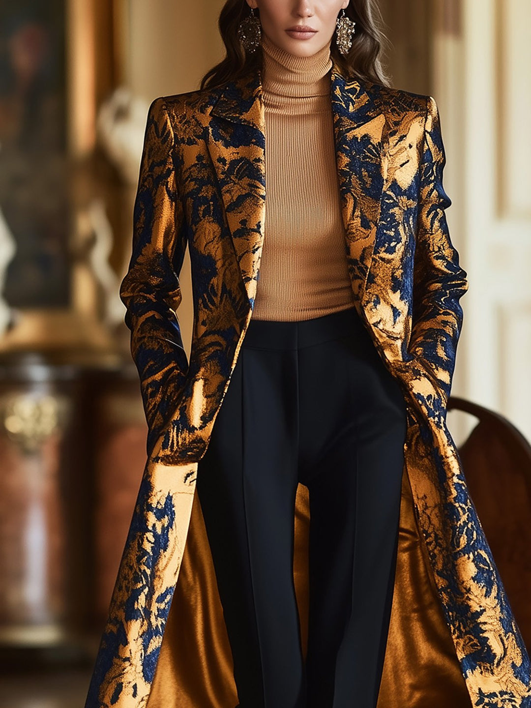 Luxurious Satin Coat with Dark Florals