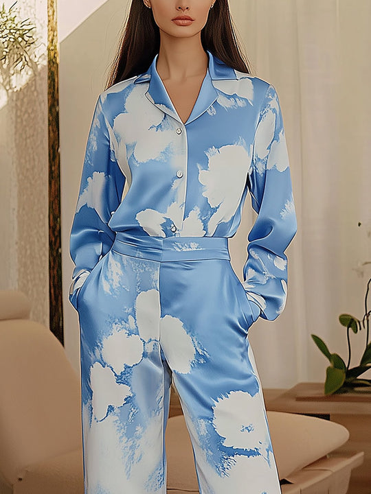 Elegant Sky Blue Satin Print Ensemble - Shirt