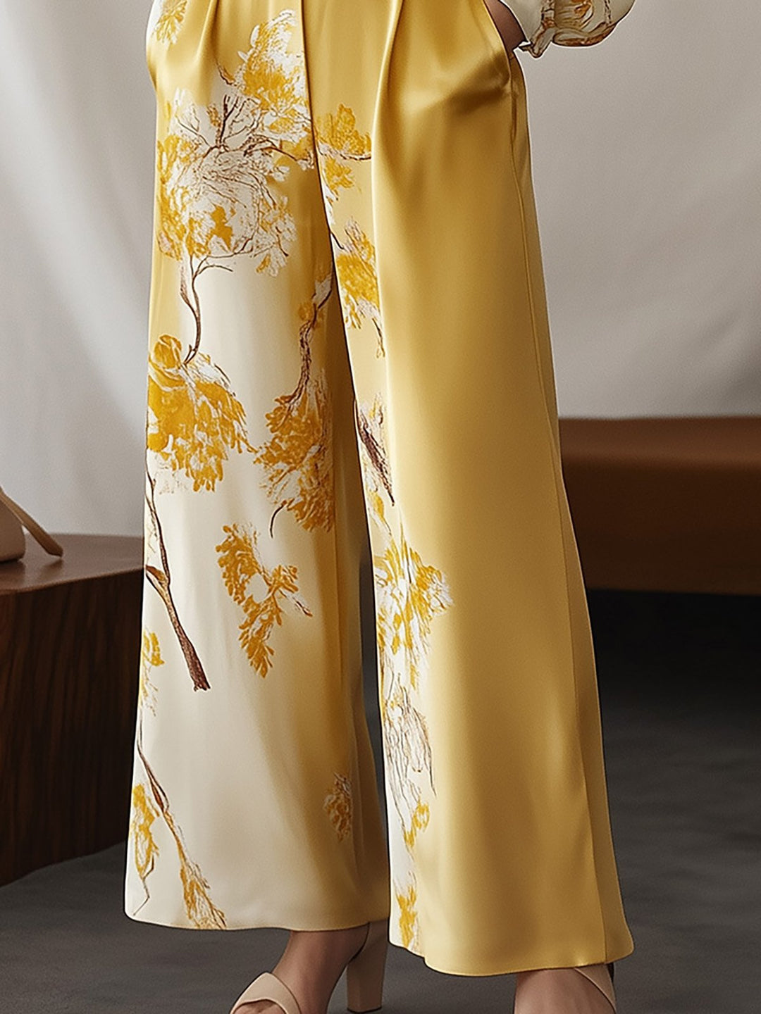 Elegant Yellow Floral Silk Shirt and Wide Leg Pants Set - Pants