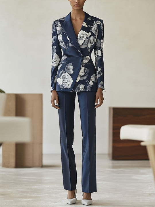 Elegant Navy Blue Floral Print Suit