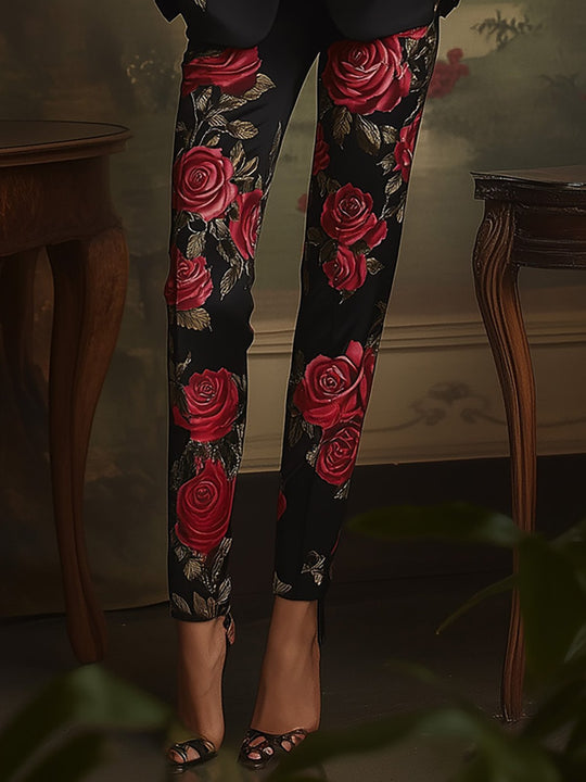 Sophisticated Rose Print Blazer Set - Pants