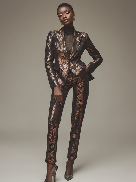 Metallic Elegance: Black and Bronze Blazer Ensemble