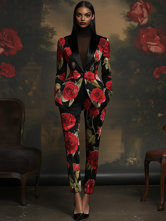 Red Rose Print Blazer Ensemble