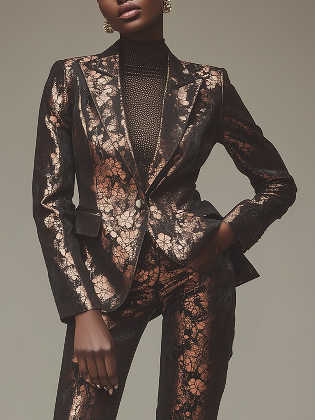 Metallic Elegance: Black and Bronze Blazer Ensemble